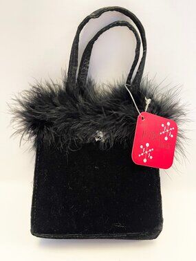 Trend Place Girls Black Velvet Feather Mini Purse Rhinestone Y2K Party Bag